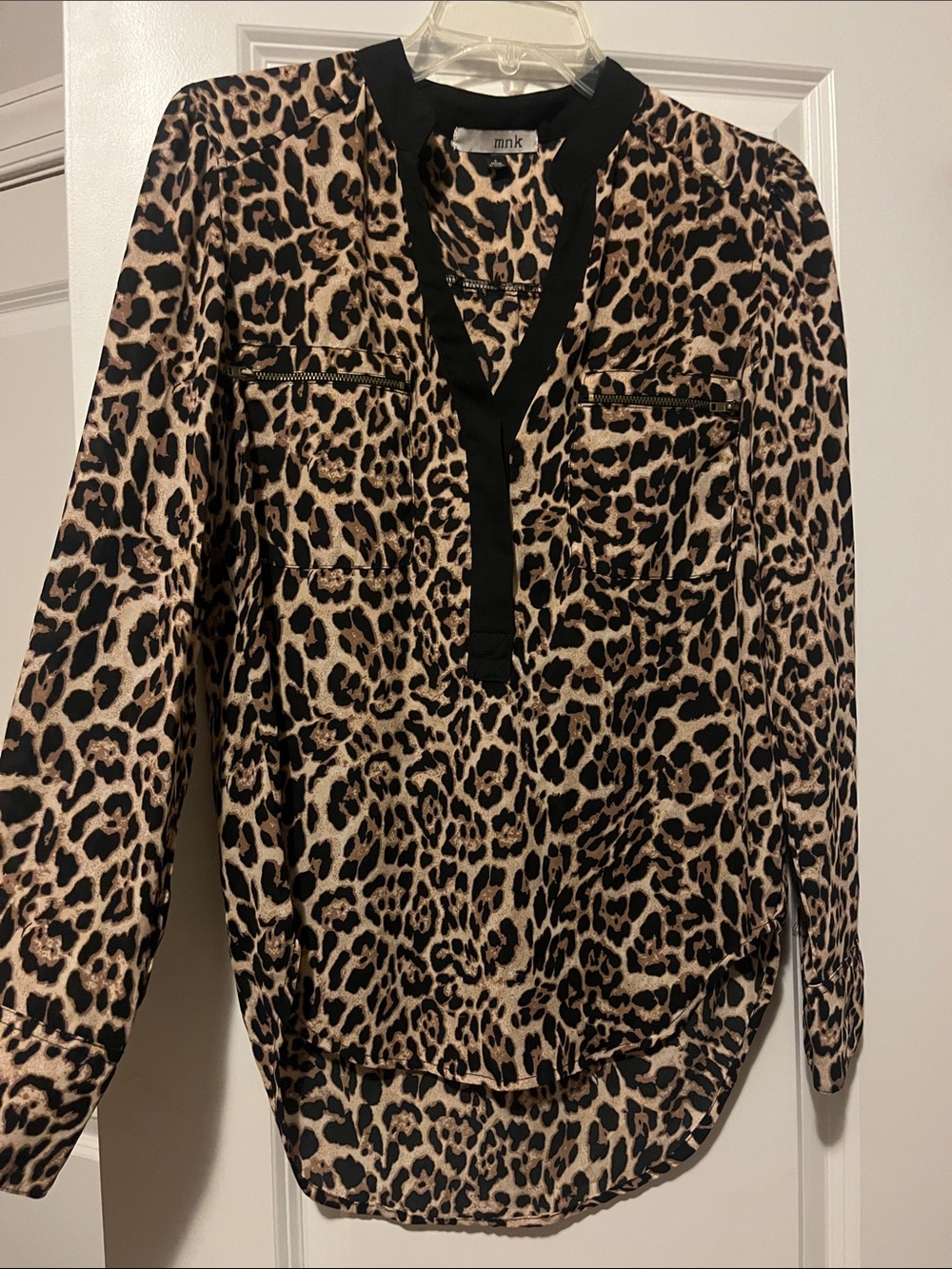 Leopard Print Blouse with Black Trim and Gold Zip Pockets